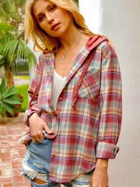 Blakeley Vivi Plaid Hooded Flannel Shacket - Pastel Pink/Green - Size L